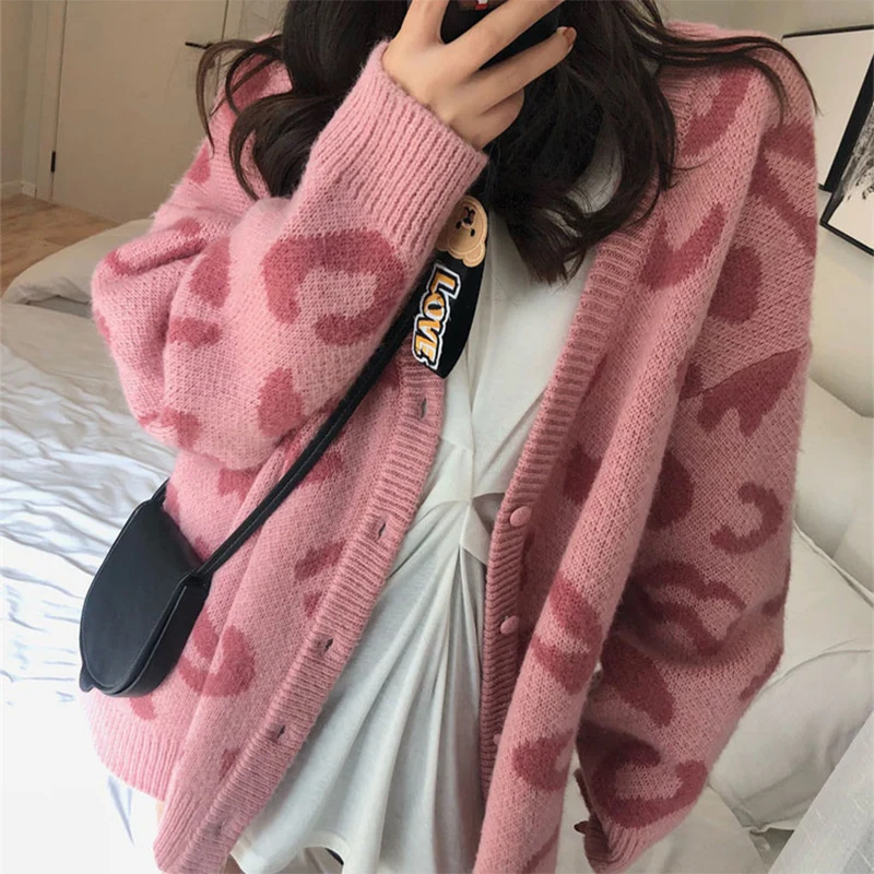 Y2K Moda Cardigan lavorato a maglia leopardato Donna Autunno Inverno Cappotto maglione con scollo a V di media lunghezza ad alta elasticità Comodo cappotti lunghi caldi