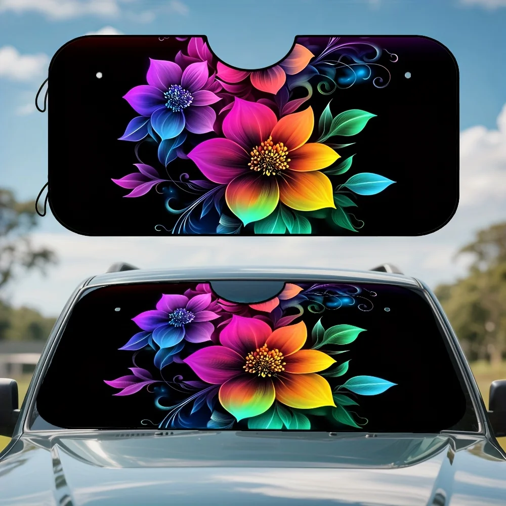 

1pc Vibrant Rainbow Flowers Art Car Windshield Sunshade - Foldable Polyester Sun Visor, Keeps Vehicle Cool & Protects From UV Ra