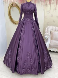 Deep purple A-line pleated high neck long sleeve beaded decal luxury evening dress PROM party night banquet Formal occasion