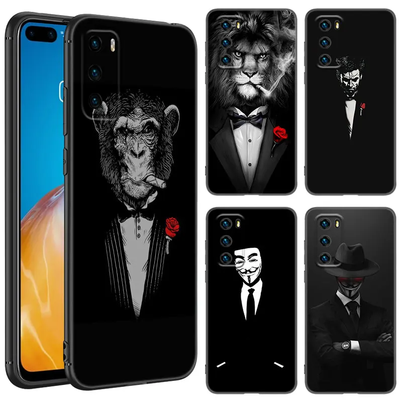 Man Suit Shirt Tie Black Silicone Phone Case For Huawei P10 P20 P30 P40 Lite P50 P60 Art P50E P Smart Z 2018 2020 2021 Pro 2019