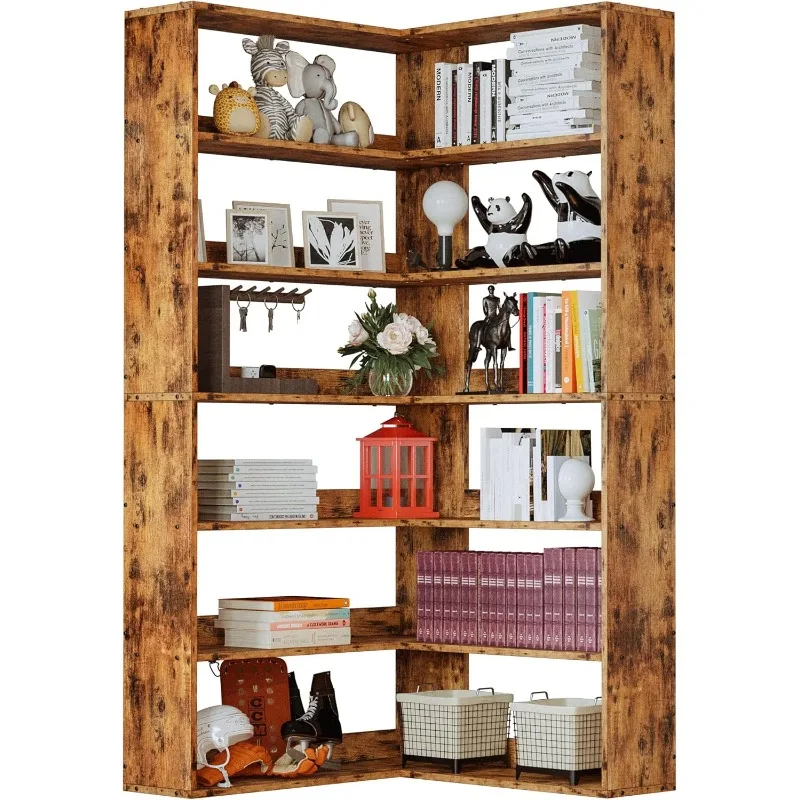 

Bookshelves 6 Tiers with Baffles Industrial Large Corner Etagere Bookcase Storage Display Rack for Living Room Home Offic