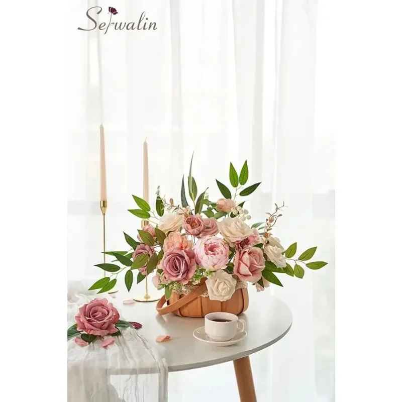 2 قطعة الزهور الاصطناعية الوردي كعكة الزفاف الزهور ، وهمية الورود المغبرة الفاوانيا لباقات الجدول المركزية ديكور منزلي للزفاف ، #5