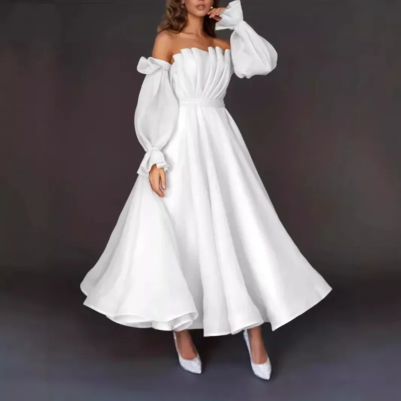 Sexy Fashion Long Sleeve Off Shoulder High Waist Corset Folds Evening Graduation Dress Robe Prom Elegant Women Long Party Dress