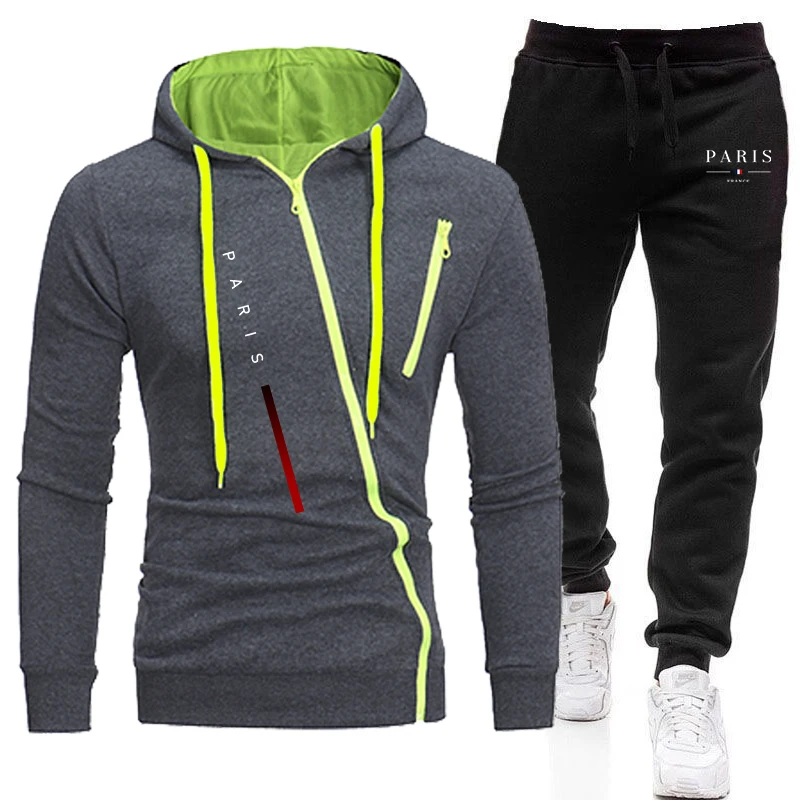 

Fashion Mens Tracksuit Paris Printing Diagonal Zipper Hoodies+Sweatpants 2 Pcs Set Casual Coat Hot Sales Jogging Mens Clothing