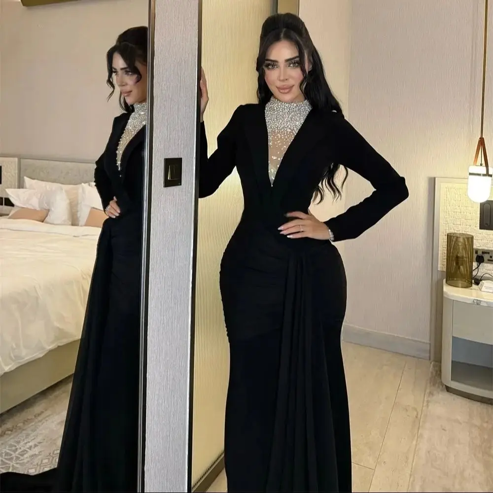 

Black Beaded Long Sleeves Bespoke Occasion Gown Evening Dresses Prom Pastrol Unisex Jersey Retro Dubai Saudi Arabic Customized