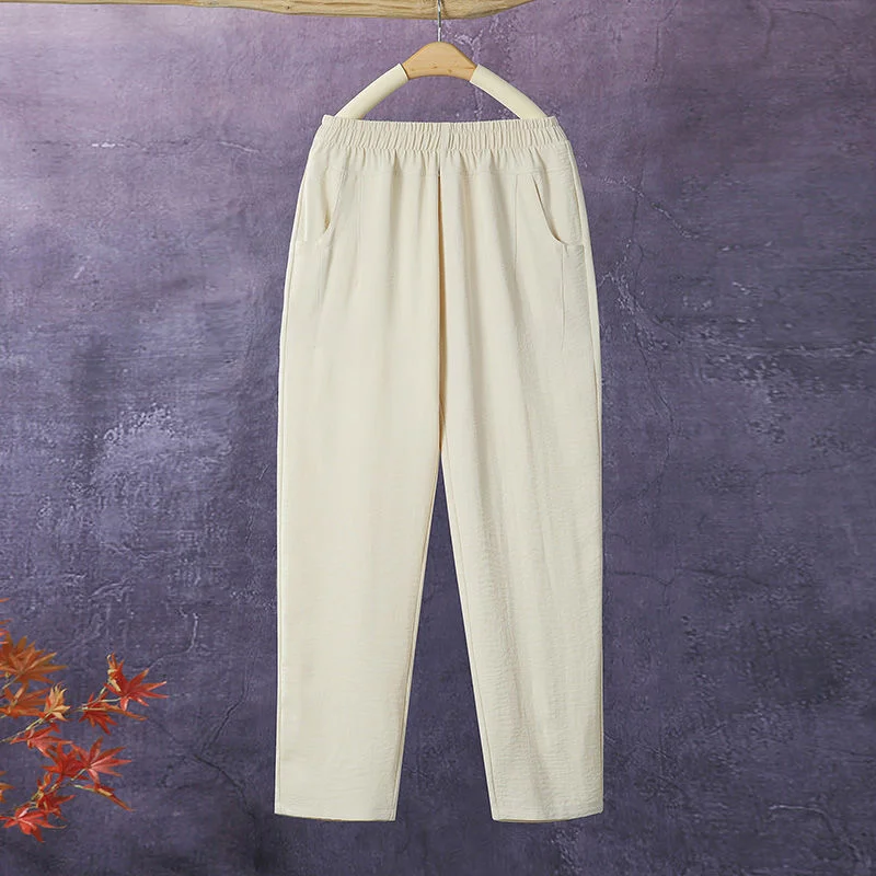 Mom's New Summer High Waist Ice Silk Elastic Pants Commuter Fashion Thin Candy Color Simple Pocket Casual Versatile 9/4 Pants