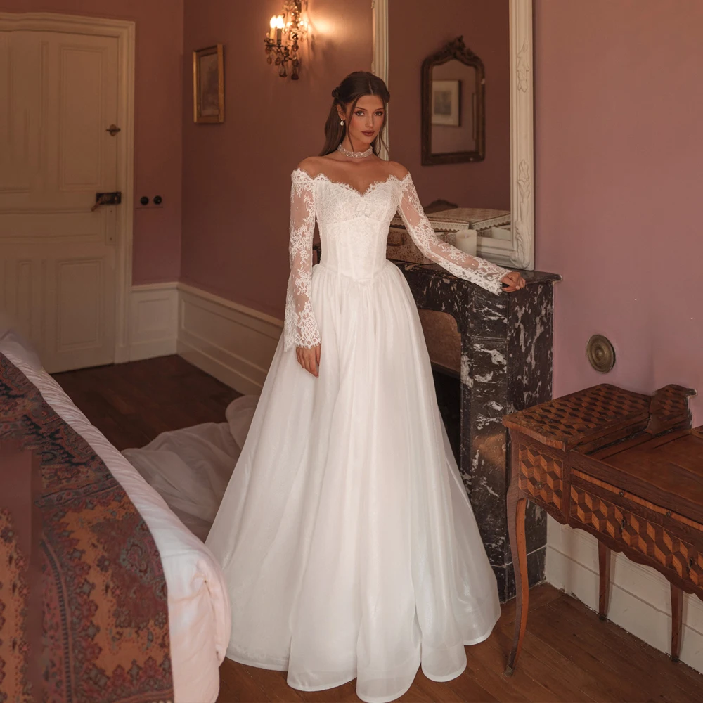 

White Lace 2 Pieces Mermaid Wedding Dress Strapless Full Sleeve 2025 Vestidos Elegant Corset Back Bridal Gowns Customized