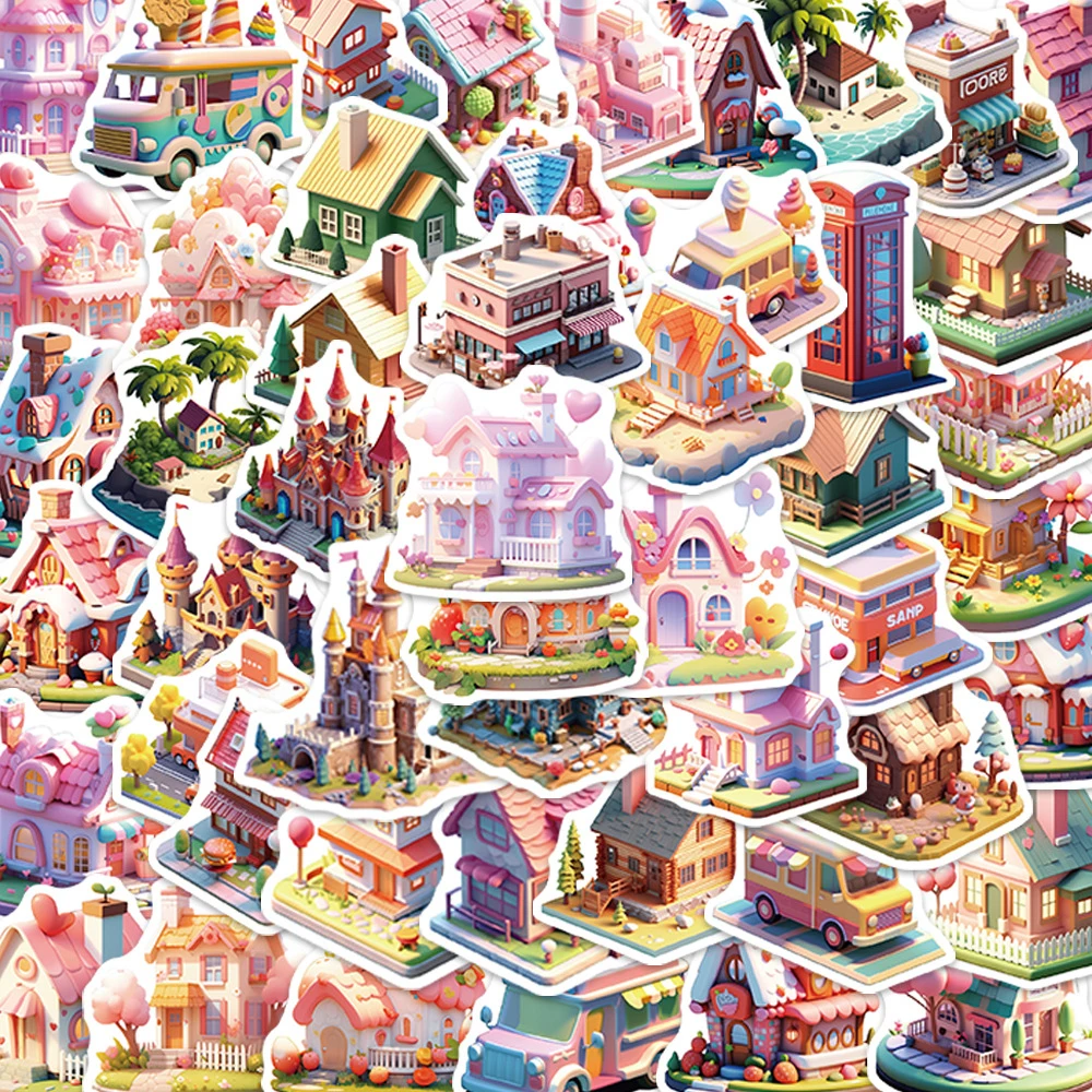 10/30/50pcs Cute 3D World City Building Aesthetic Stickers Cartoon Scrapbook Laptop Phone Diary Graffiti Sticker Decals Kids Toy