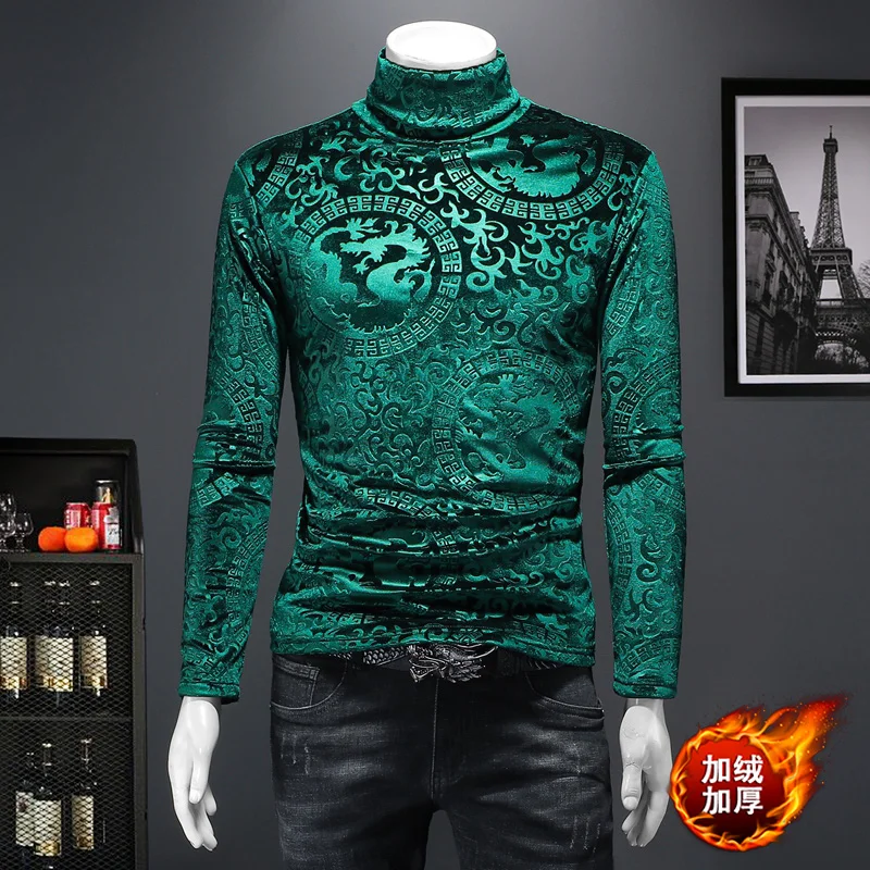 Luxury Dragon Jacquard T Shirt For Men Long Sleeve Casual Slim Winter Thick Quality Velvet Easy Care Smooth Turtleneck Camisetas