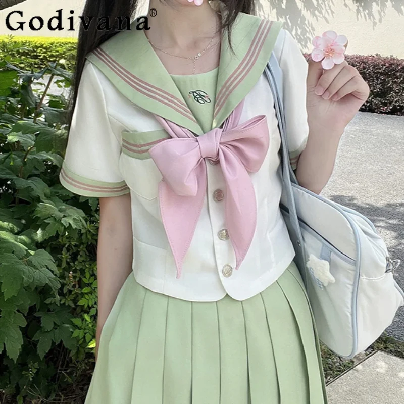 

Summer New Cute Age-reducing Short Sleeve Women College Sailor Shirt Japanese Sweet High Waist A-line Fashion Sexy Pleated Skirt