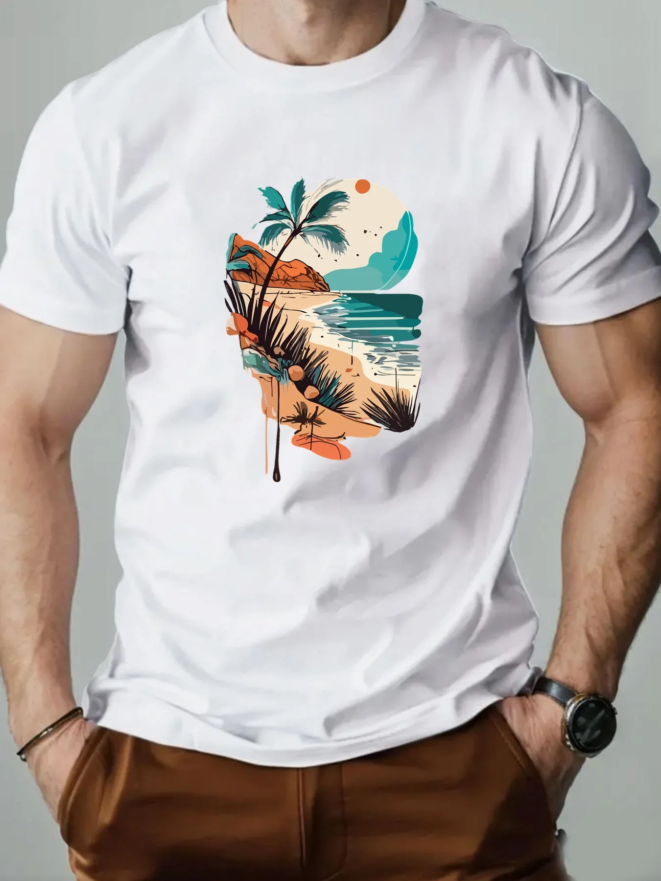 

Men's Beach Pattern Round Neck Short T-shirt 100% Cotton Round Neck Comfortable Fit All Seasons Casual Outdoor and Sportswear
