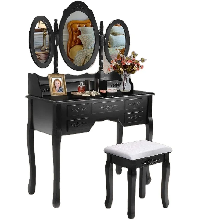 Bedroom Furniture Makeup Vanity with 7 Drawers Vanity Table Set W/tri-fold  Mirror Girls Women Table Black Carton Wood Dressing - AliExpress 1503