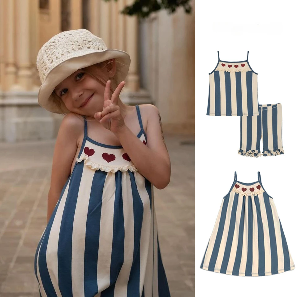 

OUYANG&IVAN 24 Summer New Children's Homewear KS Blue Striped Love Series Girls Strap Set Vest and Shorts Cotton Printed Dress