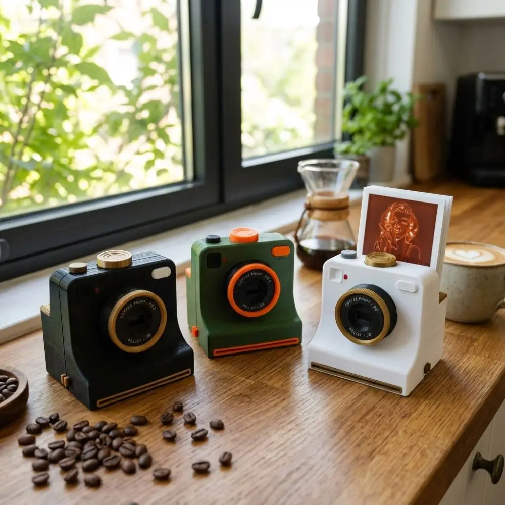 Funny 3D Printed Latte Camera Vintage Look One Touch Press DIY Latte Art Camera Tool Included Stencils Plastic