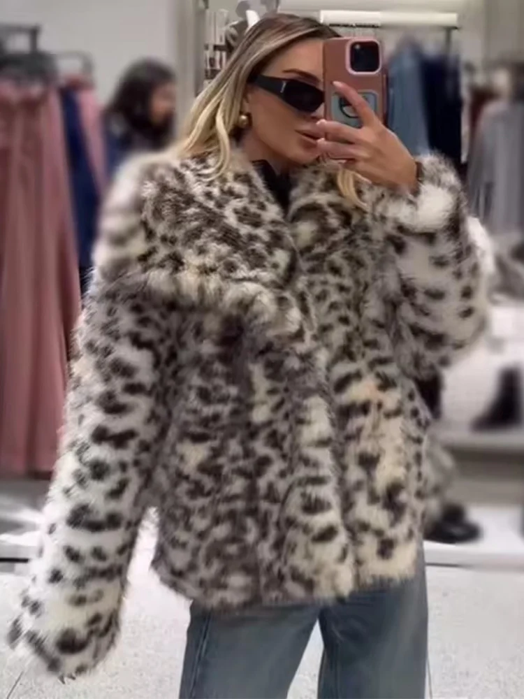 

Зимняя женская модная куртка из искусственного меха, пальто с длинным рукавом и леопардовым принтом, женское шикарное элегантное пальто с воротником с лацканами, плотная теплая верхняя одежда
