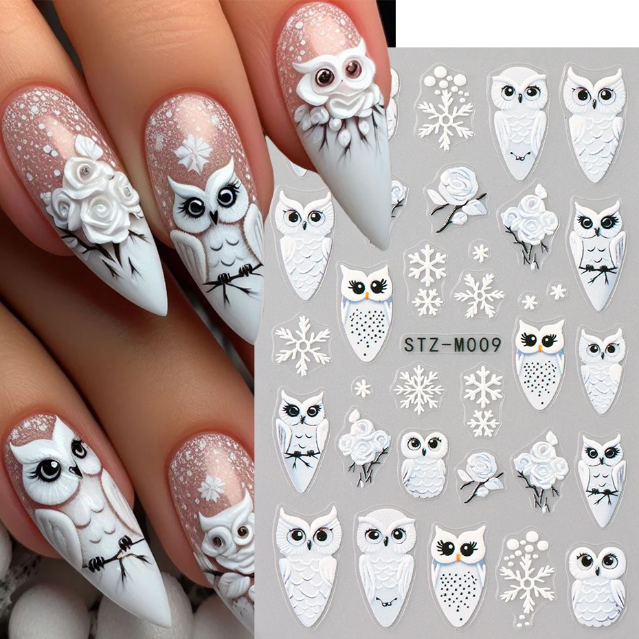 2 Stück weiße Eulen-Nagelkunst-Aufkleber, weihnachtliches weißes Schneeflocken-Design, niedlicher Traumfänger und Rosenaufkleber für festliche Maniküre