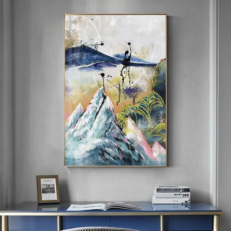 الصينية جدار الصورة اليابانية قماش اللوحة الأزرق جبل الأصفر الطيور الملصقات يطبع الفن الجدار التقليدي لديكور غرفة المعيشة #6