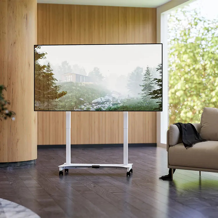 STLF عربة تلفاز معدنية كهربائية فائقة الجودة 65 "-100" عربة تلفاز LCD بيضاء لوحة مسطحة حامل عربة بلازما مع جهاز تحكم عن بعد