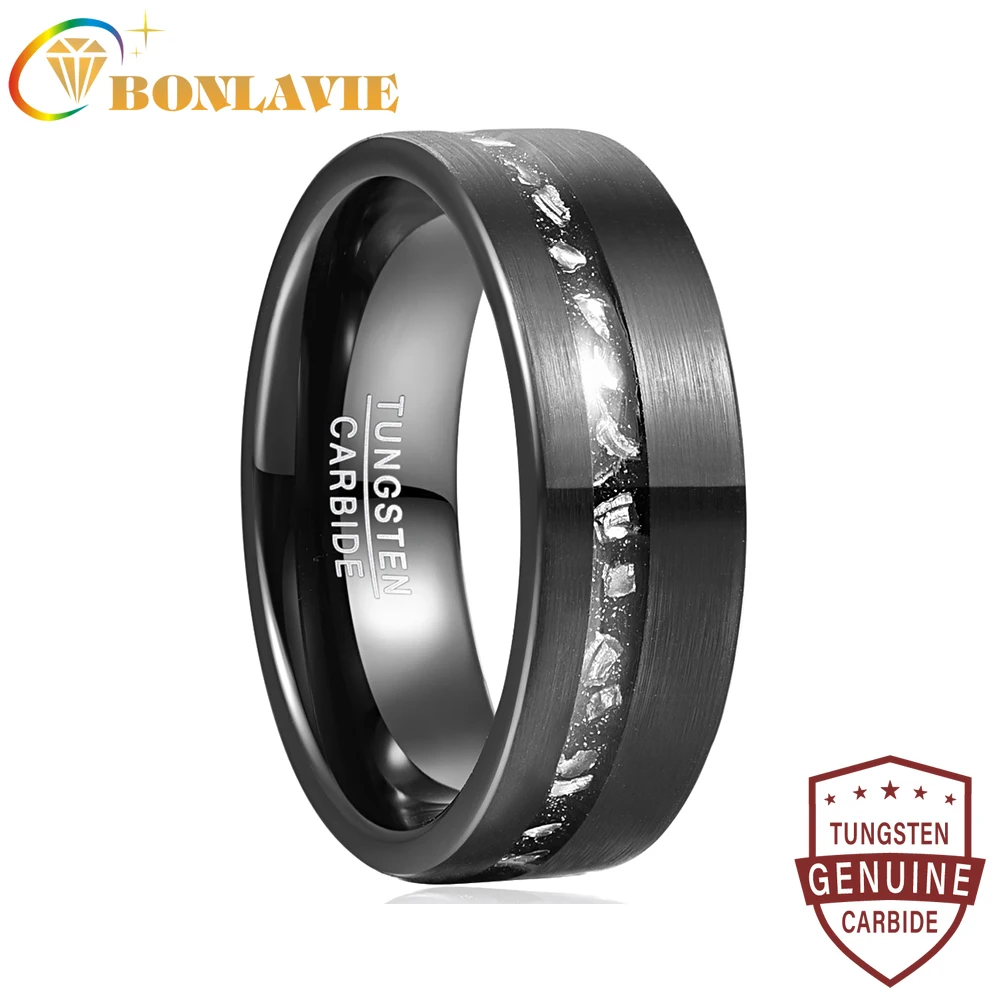 

BONLAVIE 8mm Tungsten Carbide Ring Black Brushed Ring Gibeon Meteorite Fragments Men's Fashion Wedding Jewelry Best Gift