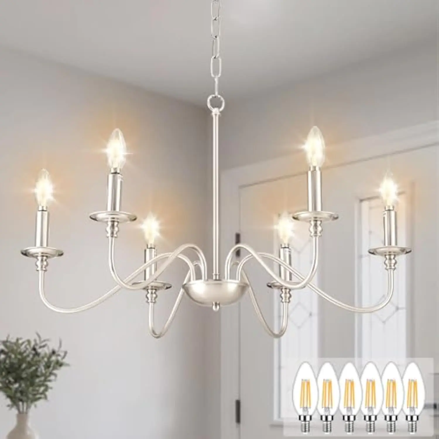 

Modern Chandelier for Dining Room: 6-Light Brushed Nickel Farmhouse Hanging Ceiling Pendant Light Fixture for Kitchen
