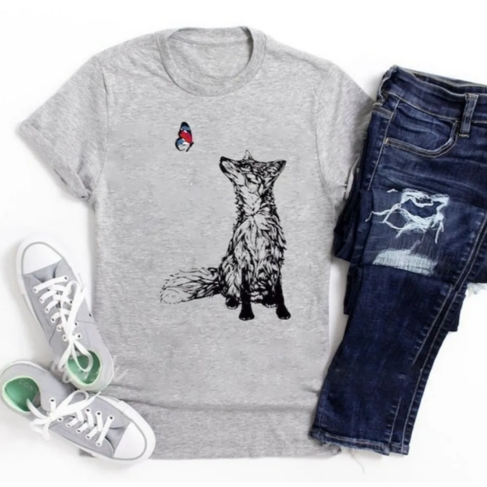 Fox and Butterfly Shirt Organic Cotton Nature Top Vegan Friendly T-shirt Hand Drawn Graphic Tee Soft Fitted Shirts for Women