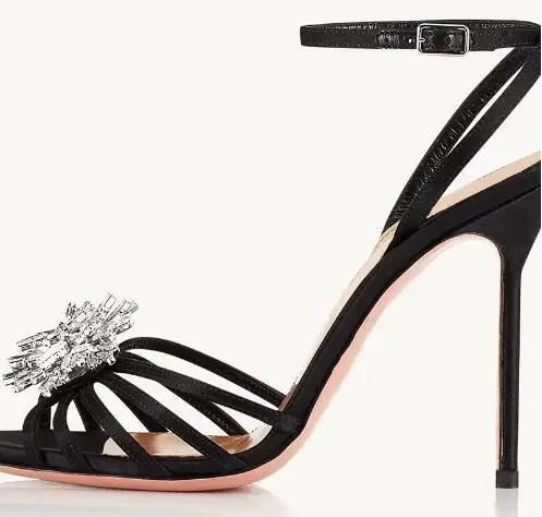 Sliver Crystal Floral Rhinestone Front Hollow Gladiator Summer Slingback Sandals Women Black Gold Open Toe Thin Heels Prom Shoes