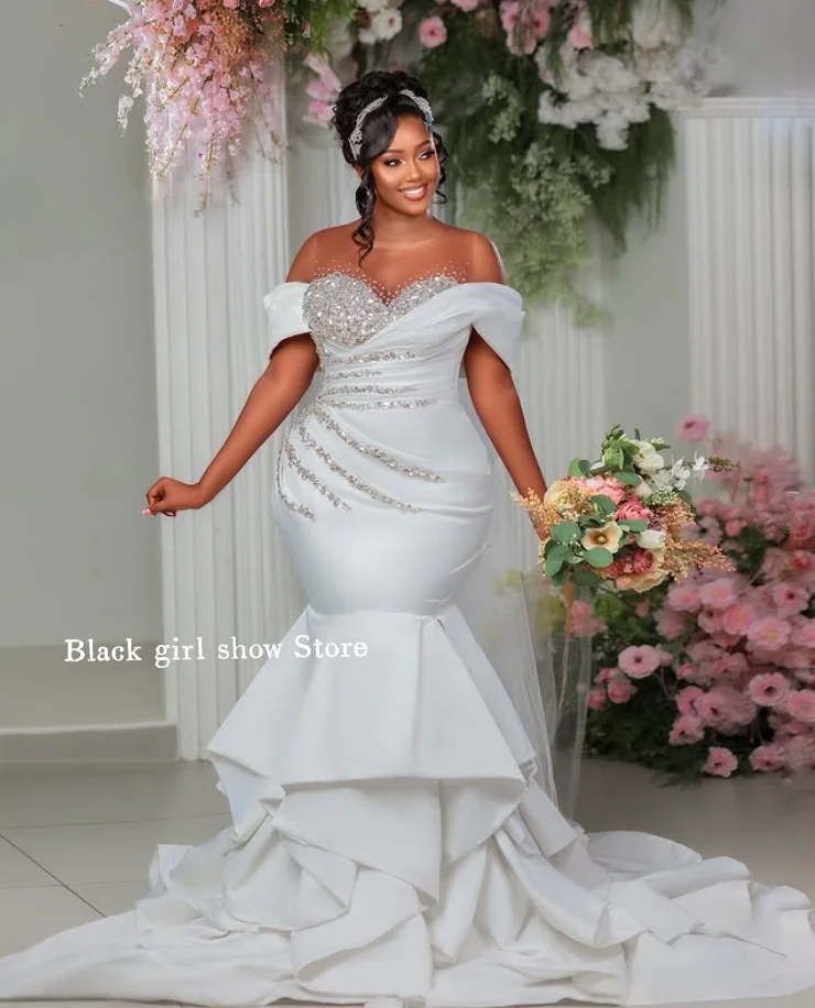 

White Gorgeous Wedding Dresses Customised Strapless Diamante Appliques Mermaid Long African Bridal Gowns Formal Occasions