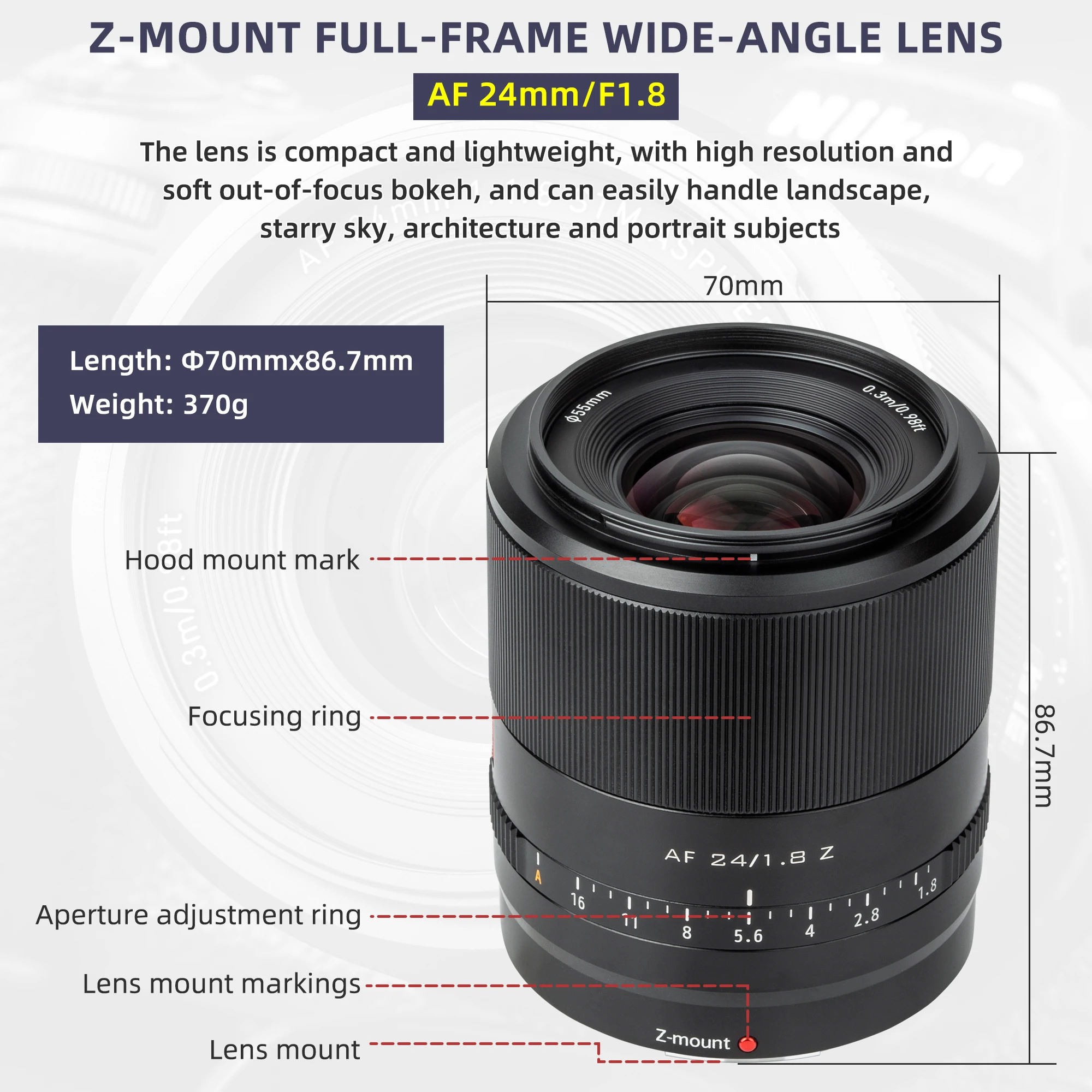 VILTROX 24mm 35mm 50mm 85mm F1.8 For Nikon Lens Auto Focus Full Frame Wide Angle  Large Aperture Lens Nikon Z Mount Camera Lens