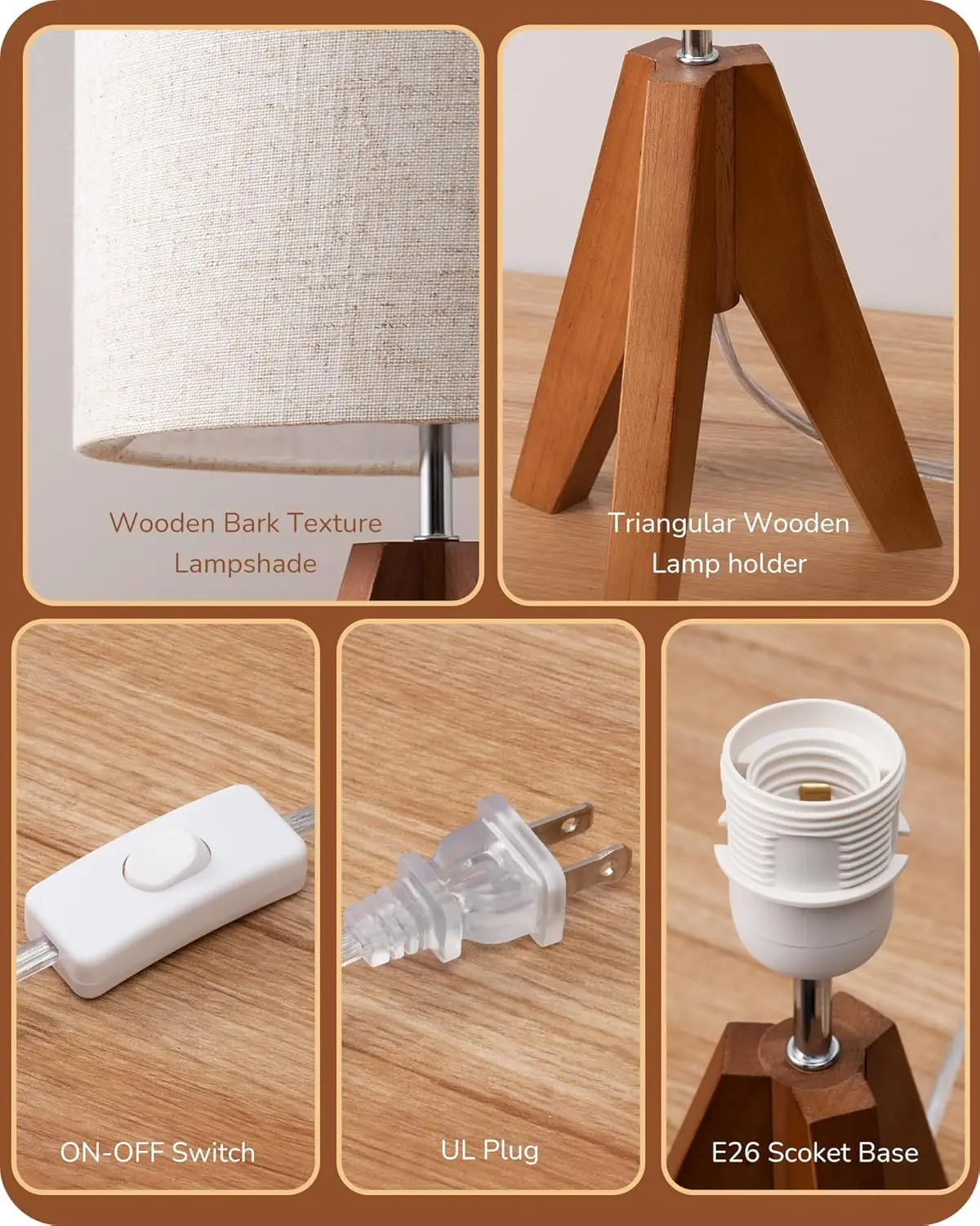 

Edishine Small Table Lamp, Wooden Tripod Bedside Lamp With Linen Fabric Lampshade, 14.2"" Nightstand Lamp For Bedroom, Living
