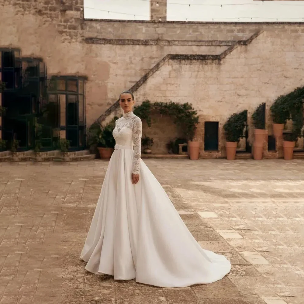 

Muslim Wedding Dresses High Neck Long Sleeve Bride Dress Sweep Train Satin Church Lace Bridal Gown Customized vestidos de novia