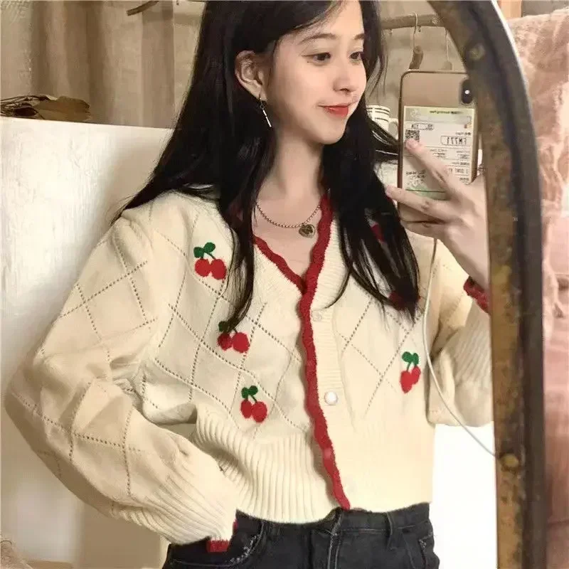 2024 Winter New Knitted Cardigans Women Korean Button Up V Neck Cherry Sweaters Woman Sweet Patchwork Short Cardigan Tops