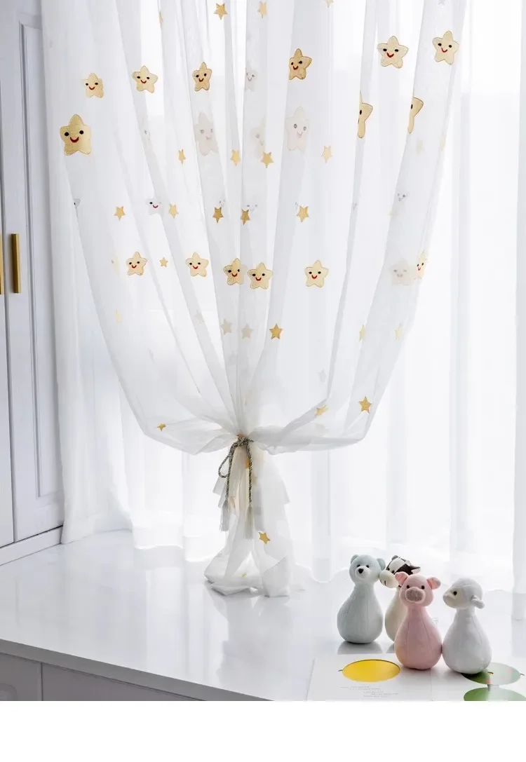 Custom Size Smiling Star Embroidered Gauze Curtain Translucent Five-pointed Star for Bay Window Balcony Window Screen Decor