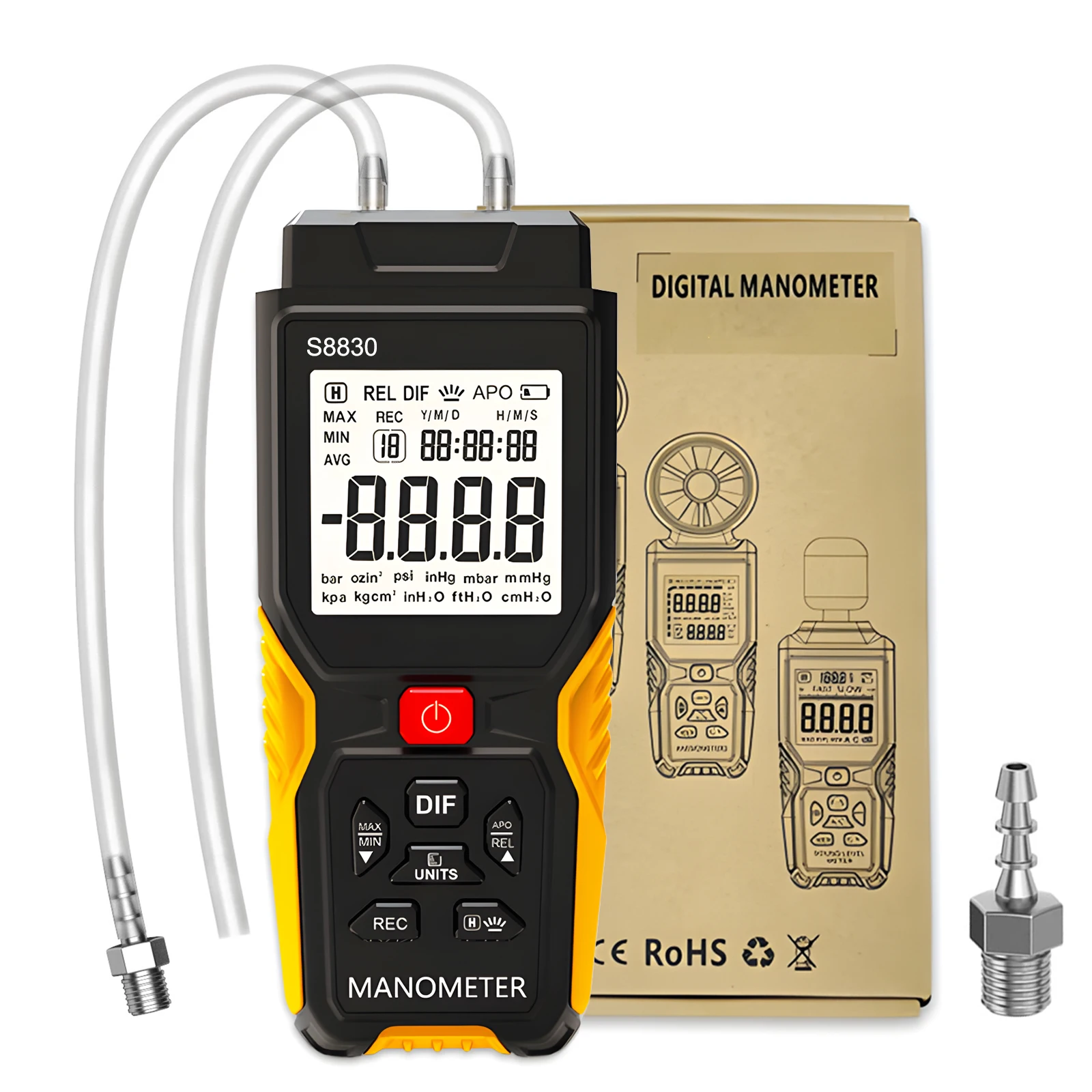 Digital Differential Manometer S8830 ±36.8kPa Dual-Port Air Pressure Tester HVAC Gas Pressure Gauge Data Logging Backlit