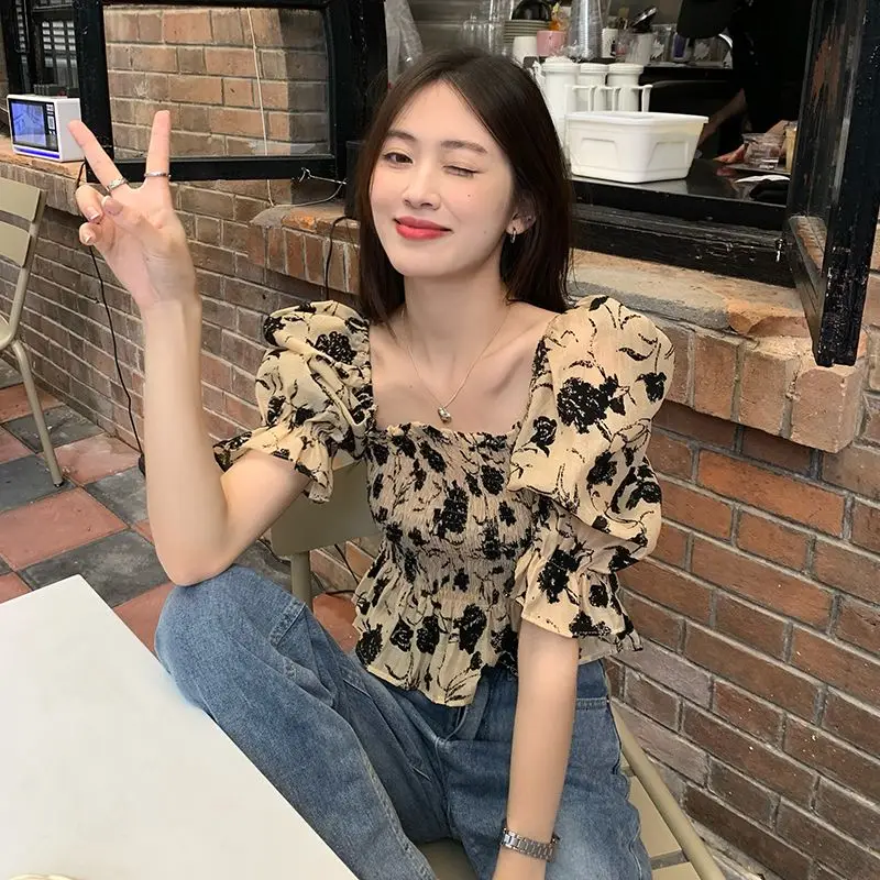 2024 New Fashion Square Collar Folds Puff Sleeve Sweet Floral T-Shirt Summer Female Clothing Loose Casual Tops Korean Tee Shir