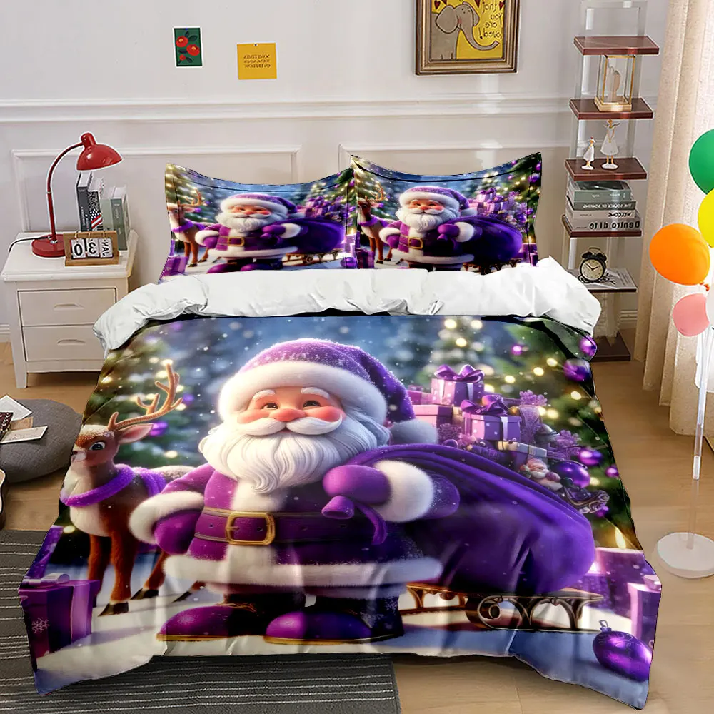 Purple Santa Claus Celebrating with Gifts Print Duvet Cover Bedding Set Included 1*Duvet Cover 2*Pillowcases