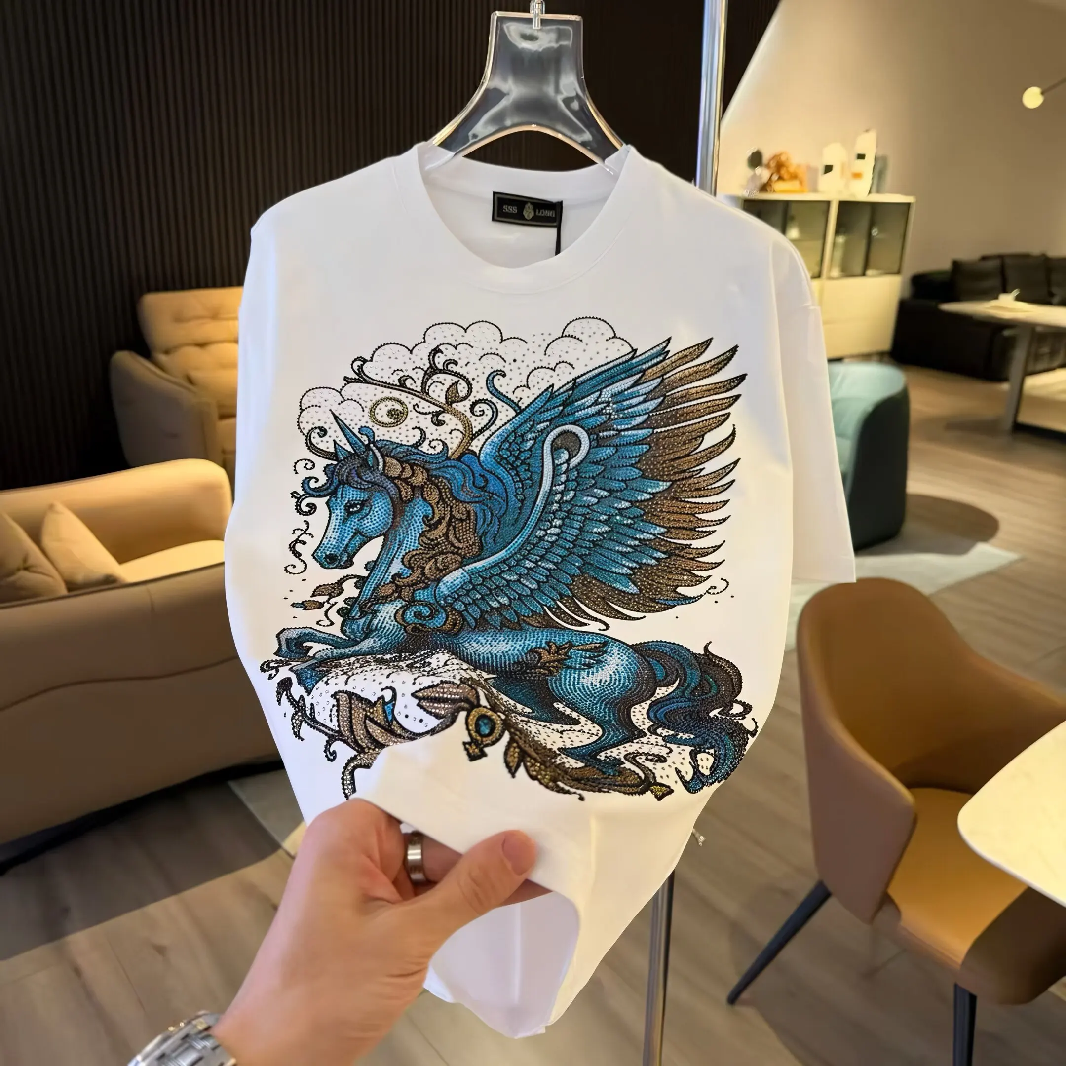 2026 Summer New Fashion Versatile Men's Cloud Rhinestone Loose Casual Round Neck Short Sleeve Black White Pink Red T-Shirt