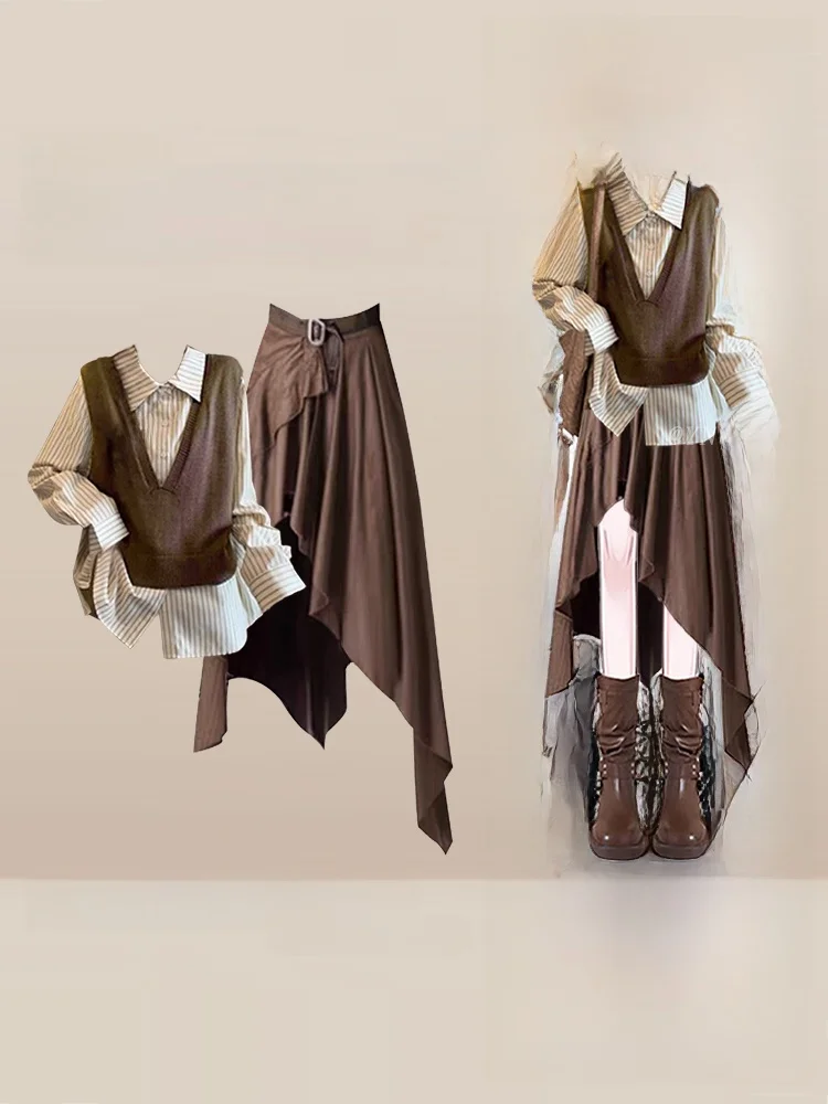 Set da due pezzi antietà e gilet lavorato a maglia con gonna asimmetrica per donna Winter Faion College Sle Outfit