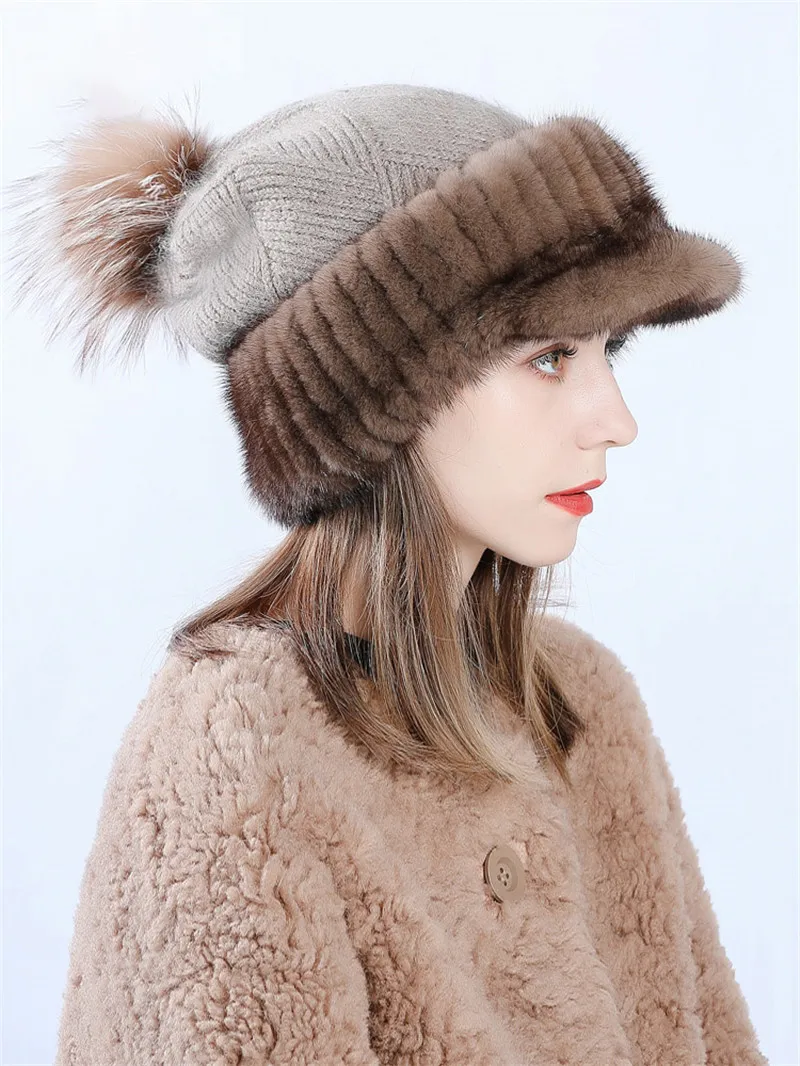 

2023 Mink Fur Knitted Wool Hats For Women Winter Thick Warm Slouchy Beanies Female Caps With For Fur Pom Poms Winter Peaked Cap