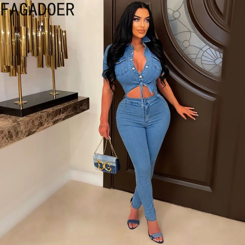 FAGADOER Fashion Bodycon Button Hollow Denim Jumpsuits Women Turndown Collar Button Skinny Pants Playsuit Female Cowboy Overalls