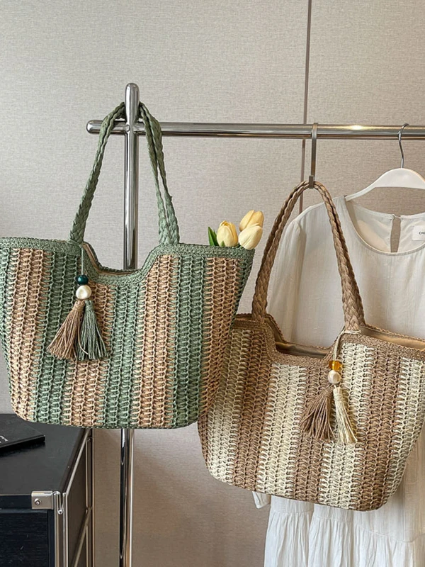 Summer 2025 Fashionable Large Capacity Woven Tote Bag Trendy Design Ladies Single Shoulder Bag Vacation Style Soft Handle Pol...