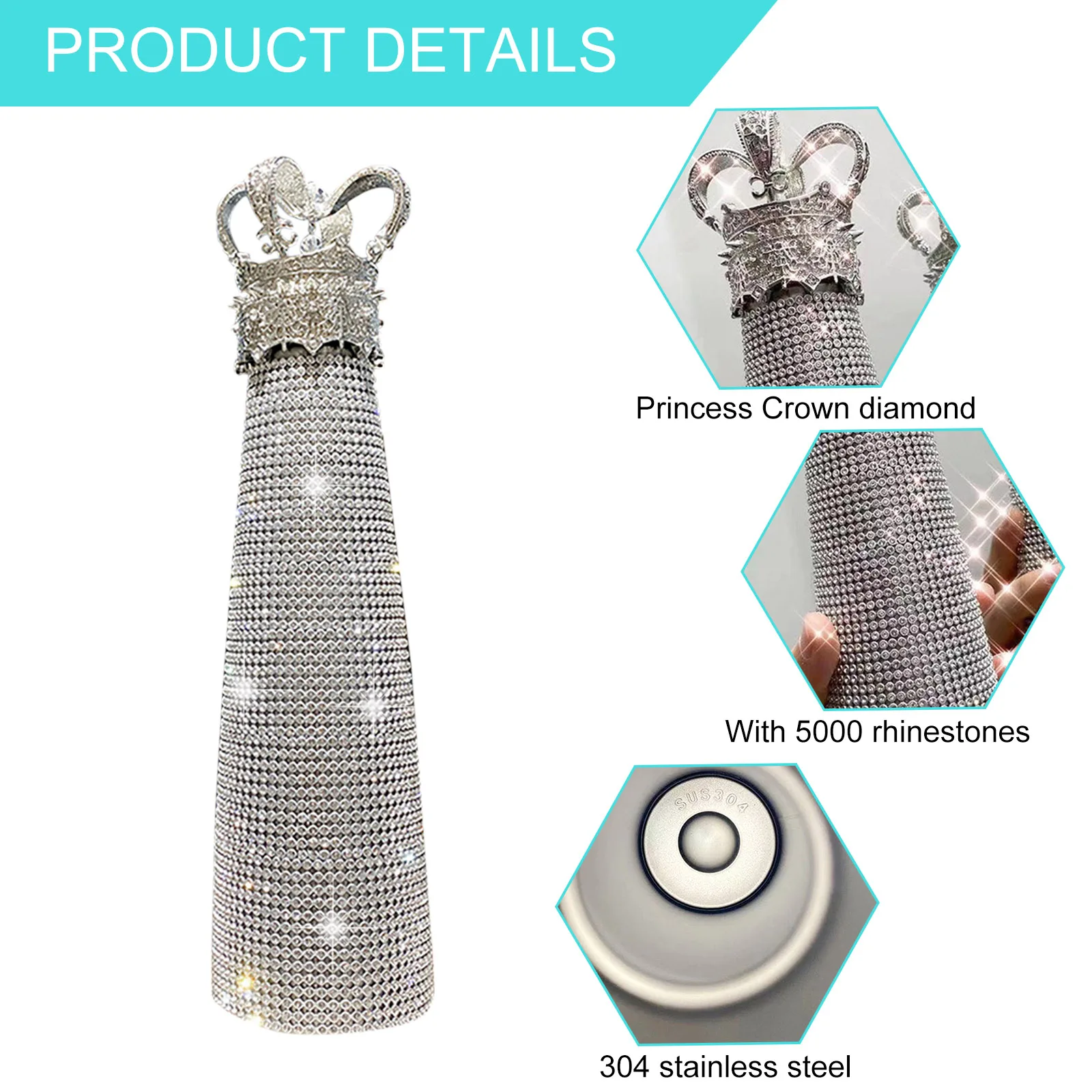 Vintage Queen Crown Diamond Water Bottle 304 Stainless Steel 500ml Crown Vacuum Flask Portable for Women Modern Home Table Decor