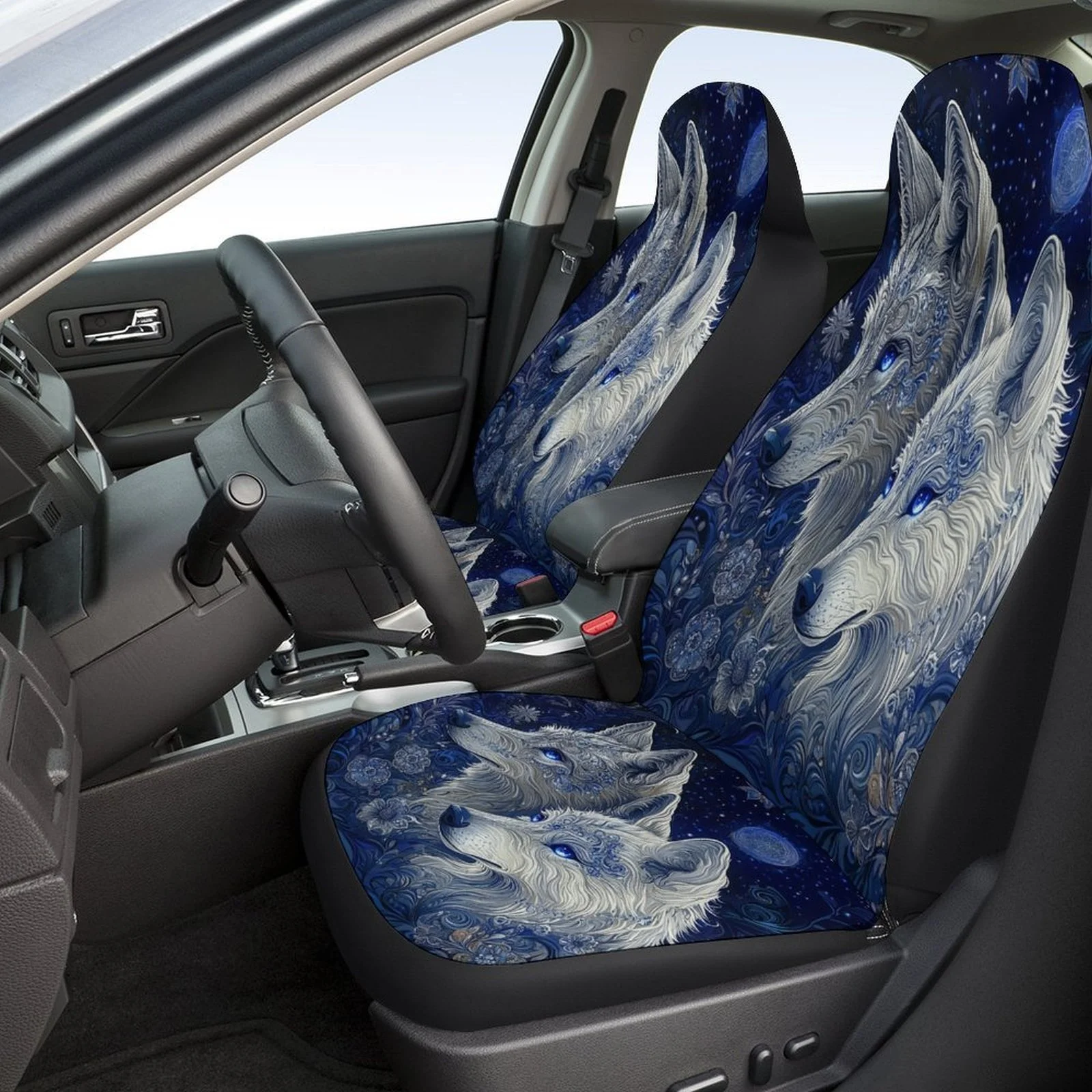 Silvery Wolves Designed Car Seat Cover Set For Most Cars, Fashion Novelty Car Seat Protector Covers Full Set, Universal Car Sea