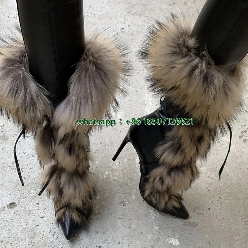 Black Cross Strap Fur Stitching Calf Boots Pointed Leather Stiletto Mid-Calf Boots Women's Boots