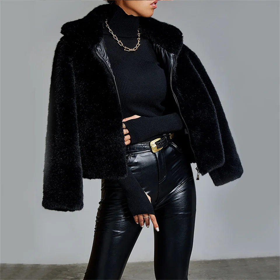 Women Fur Coats Autumn Winter Fluffy Black Faux Fur Coat Womens Warm Faux Coat Jacket Winter Solid Turn Down Collar Outerwear