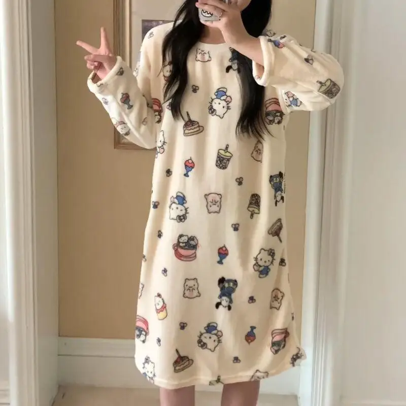 

Ночная рубашка Sanrio Hello Kitty из кораллового флиса и фланели для женщин, осенне-зимний сезон, милая теплая утолщенная ночная рубашка средней длины с мультяшным рисунком