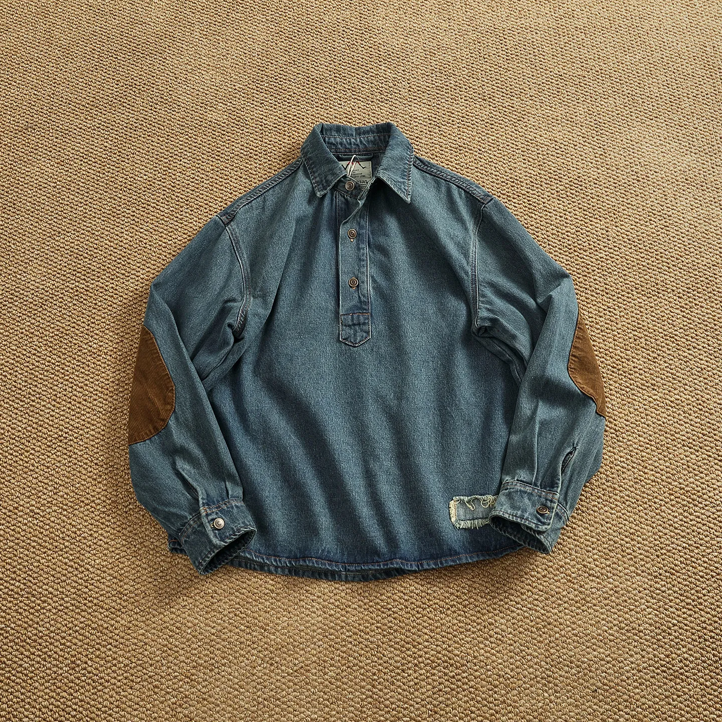 

Retro distressed Henry collar denim shirt men's loose washed corduroy patch patch long-sleeved shirt