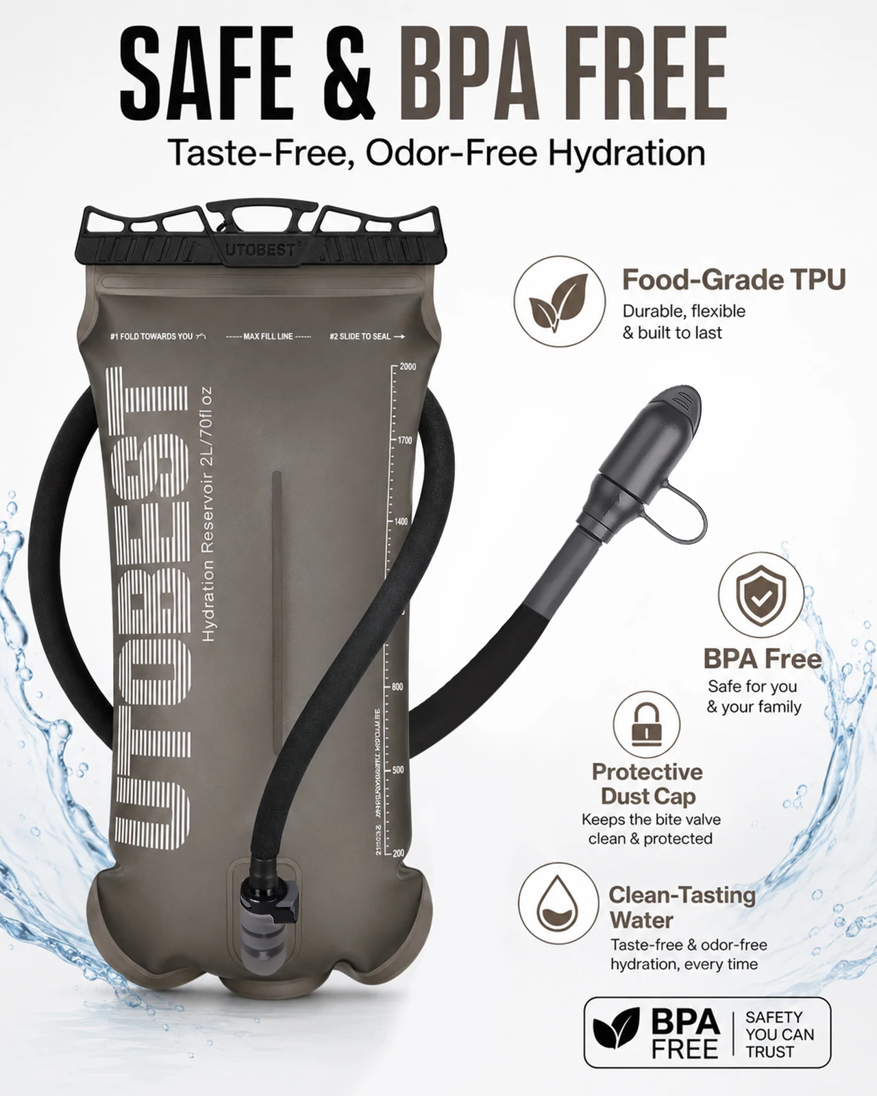UTOBEST 1.5L/2L/3L Water Bladder Hydration Pack Reservoir TPU Water Storage Bag for Camping Cycling Running Hiking