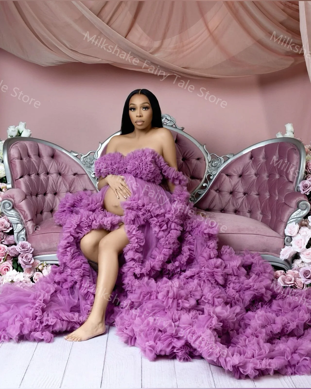 Glamorous Purple Maternity Robes for Photoshoot Tiered Ruffles Tulle Pregnant Women Dresses Sexy Front Split Baby Shower Gowns image 2