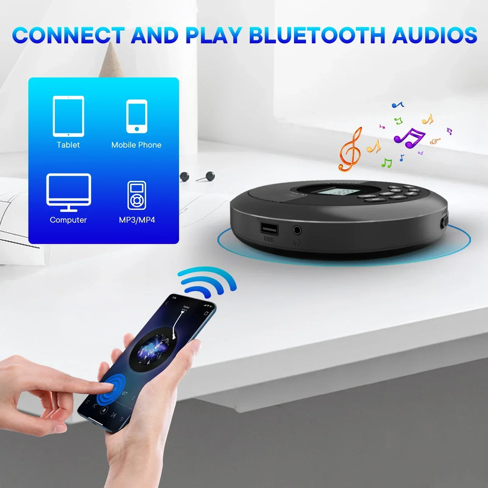 Портативный проигрыватель компакт-дисков MP3 с перезаряжаемым Bluetooth Discman с динамиками, проигрывателем компакт-дисков walkman с передачей через USB Bluetooth