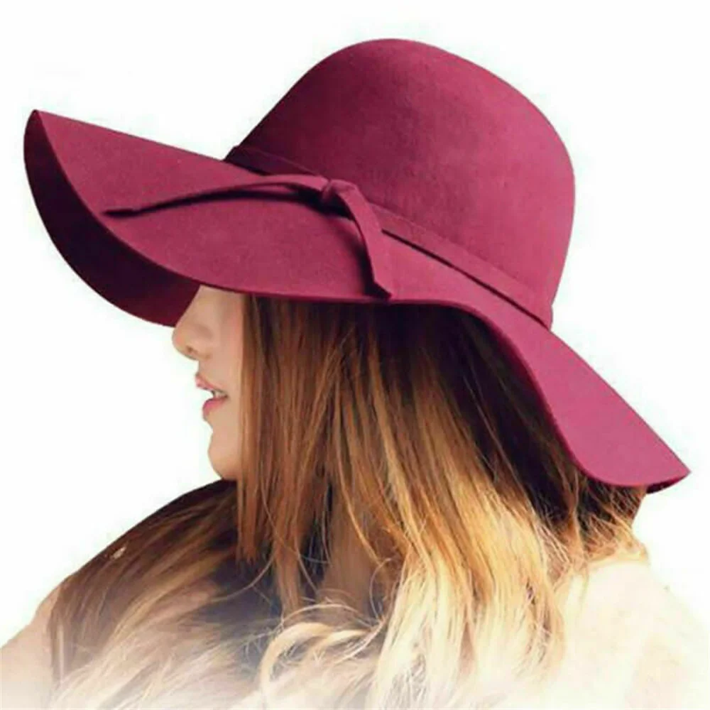 Autumn Winter Imitation Wool Hat for Women's Warm Wide Large Brim Felt Fedora Bow Decor Elegant Fashion Vintage Floppy Caps